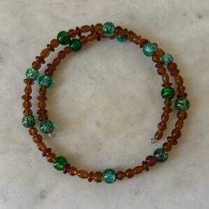 Handmade Beaded Brown and Turquoise Green Choker Necklace - 5in across